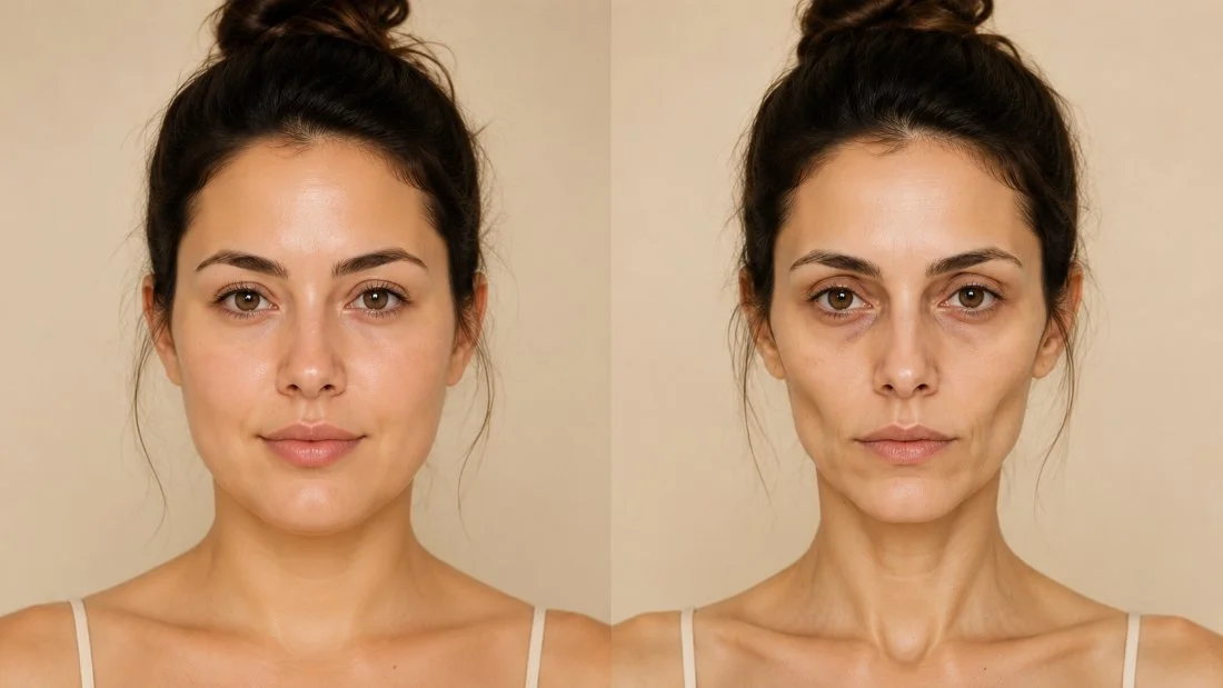 A mesma mulher aos 32 anos: antes da canetinha, com o rosto cheio e saudável, e depois de 6 meses, com o rosto afundado e envelhecido pela perda rápida de gordura facial